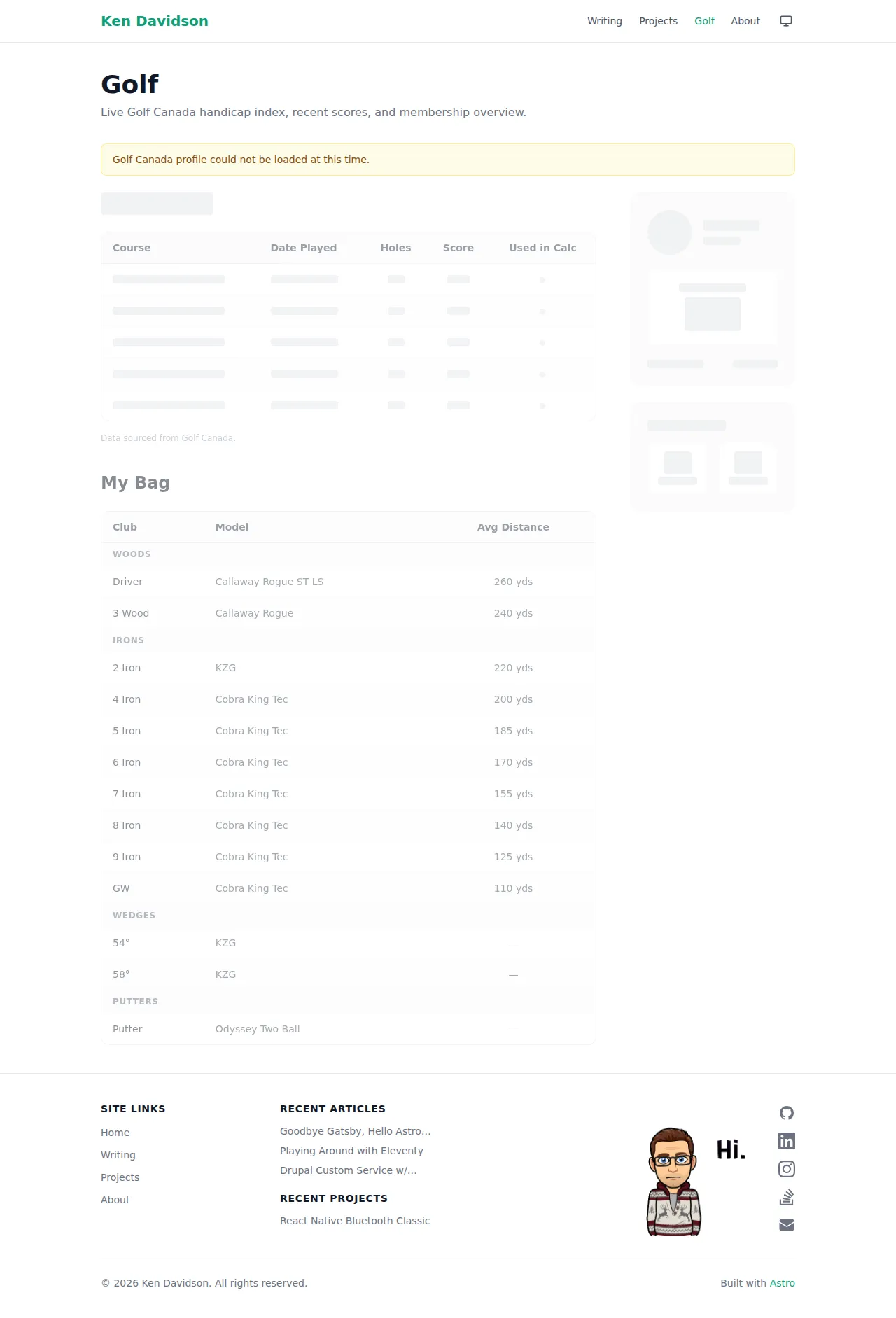 Golf page with handicap, recent scores, and bag